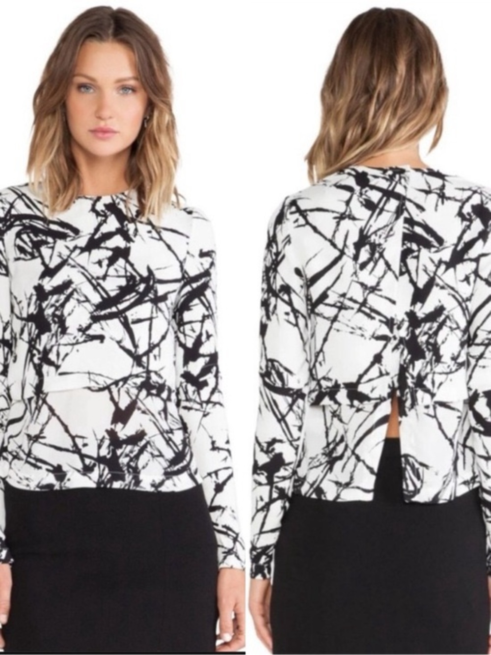 A.L.C. Presley black-and-white abstract splatter-print silk blouse size 0